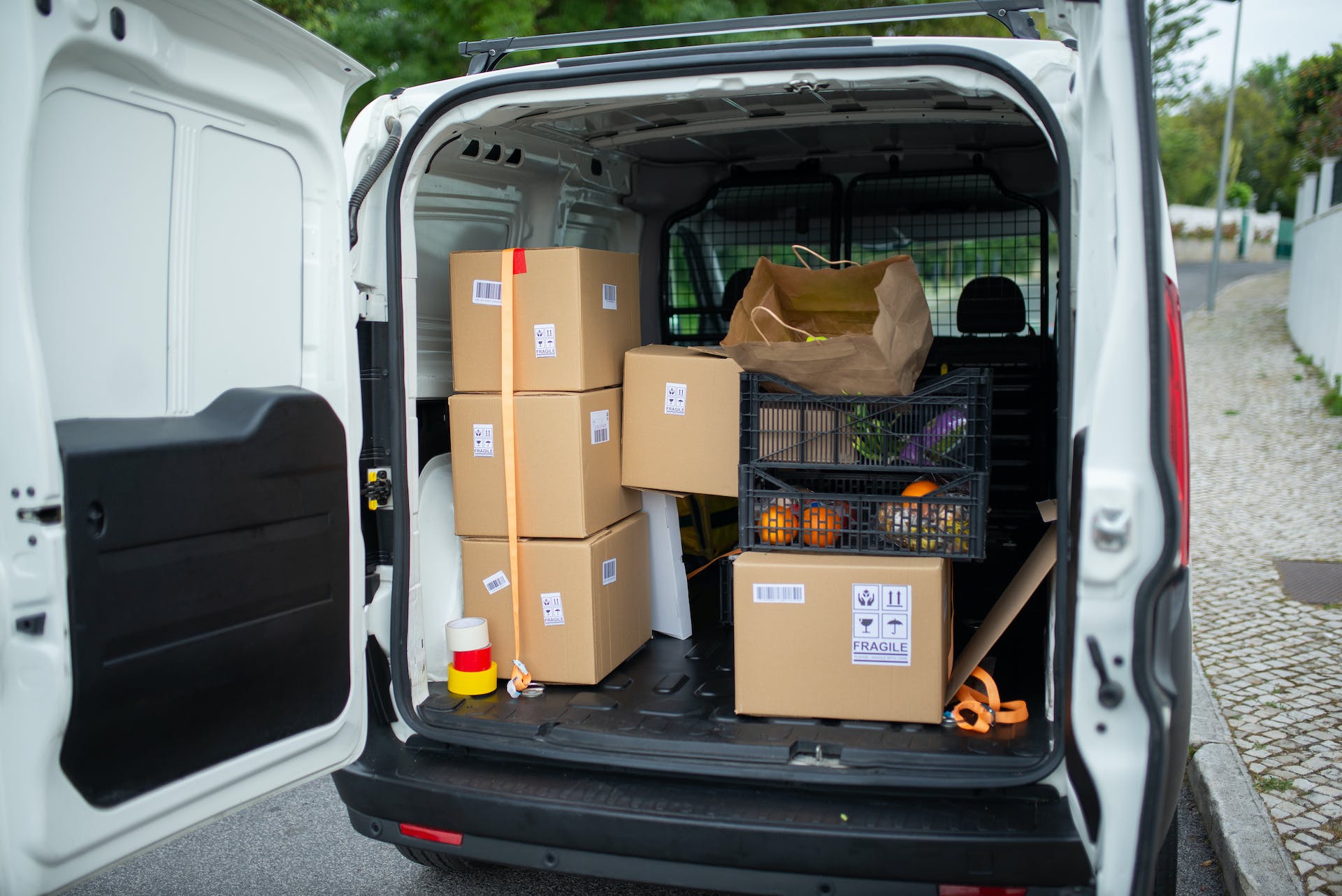 boxes and goods in van